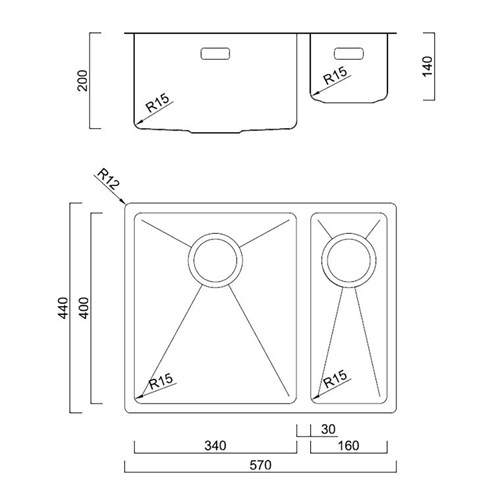 BDM Double Bowl Left Sink 340x160mm 14-BDM570L