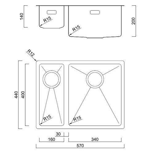 BDM Double Bowl Right Sink 340x160mm 14-BDM570R