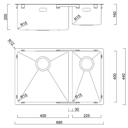 BDM Double Bowl Left Sink 400x225mm 14-BDM695L