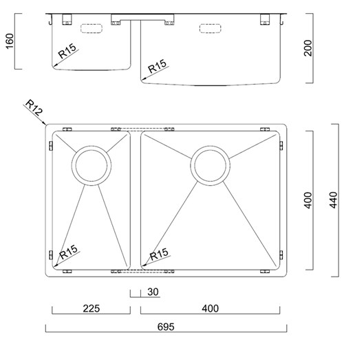 BDM Double Bowl Right Sink 400x225mm 14-BDM695R